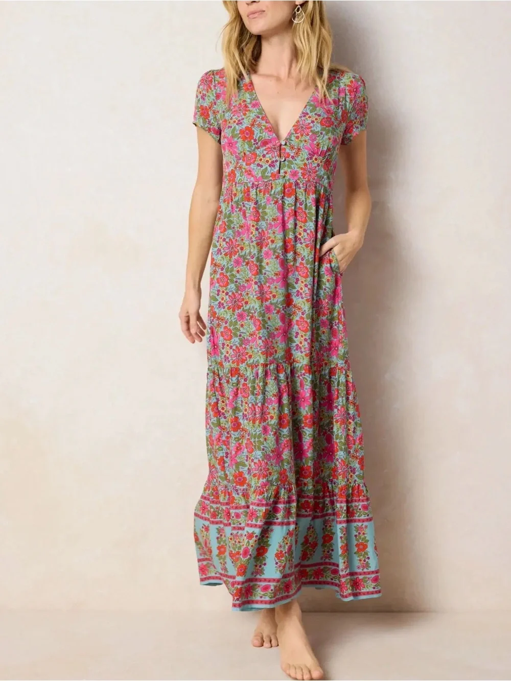 Natural Life Evangeline Floral V-Neck Maxi Dress in Pink and Aqua Small New - Picture 3 of 5